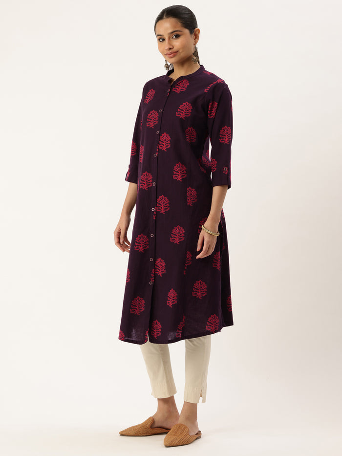 Wine Floral Printed Mandarin Collar Cotton Linen A-Line Kurta, Princess Cur Kurta, A-Line Kurta, Floral Print, Mandarin Collar kurta, printed kurta