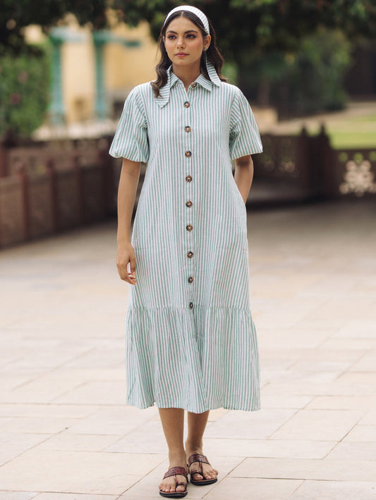 Women's Blue Cotton Button Down Dress