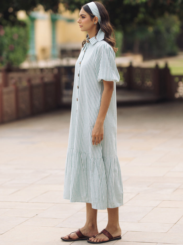 Women's Blue Cotton Button Down Dress