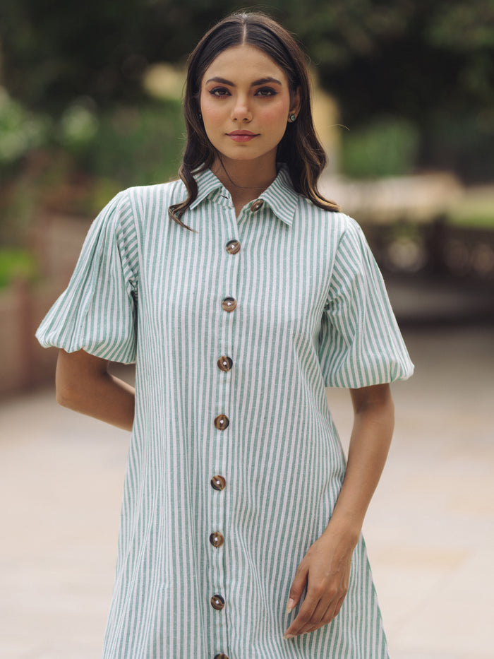 Women's Blue Cotton Button Down Dress