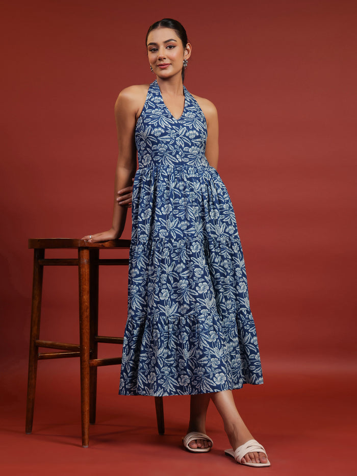 Women's Blue Printed Tier Dress
