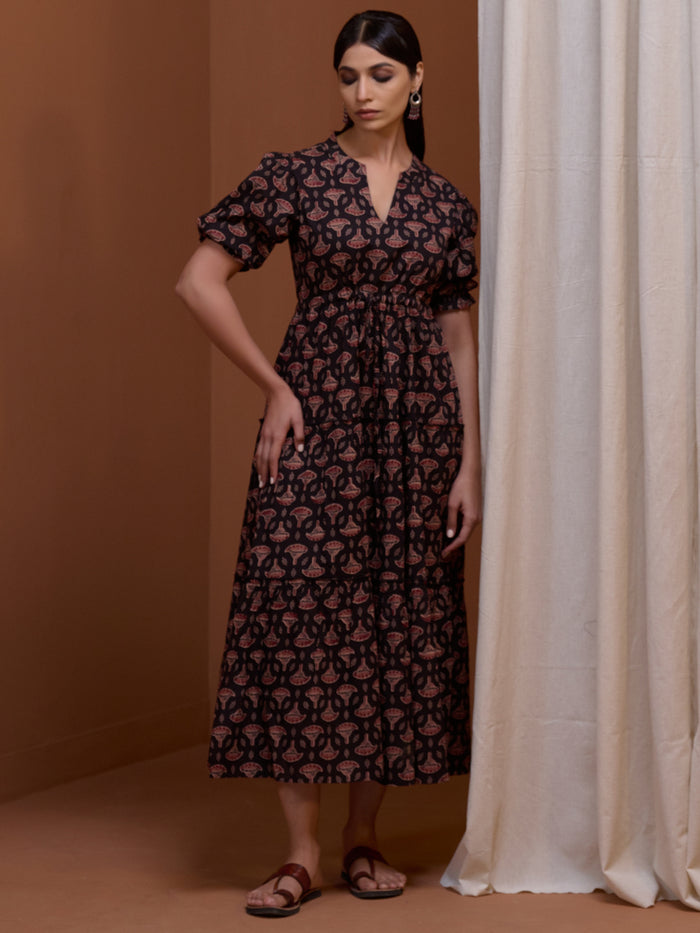 Women's Designer Black Printed Tier Dress