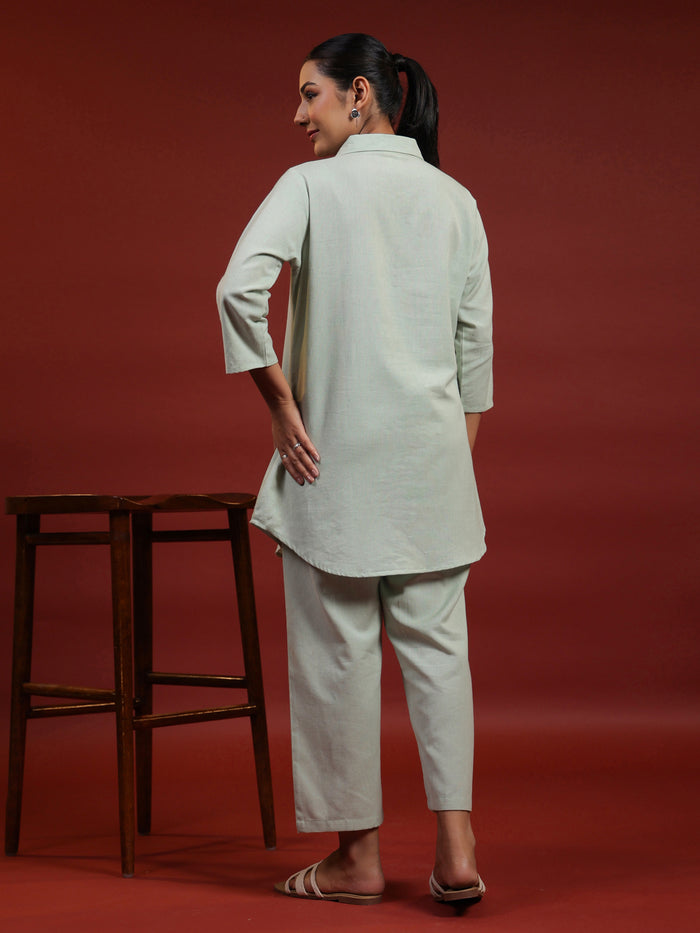 Women's Green Cotton Collared Short Kurta Top with Trousers