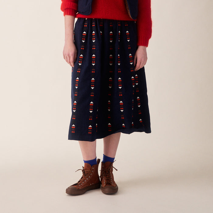 Women's Linen/Cotton Ash Skirt - Indigo Embroidered