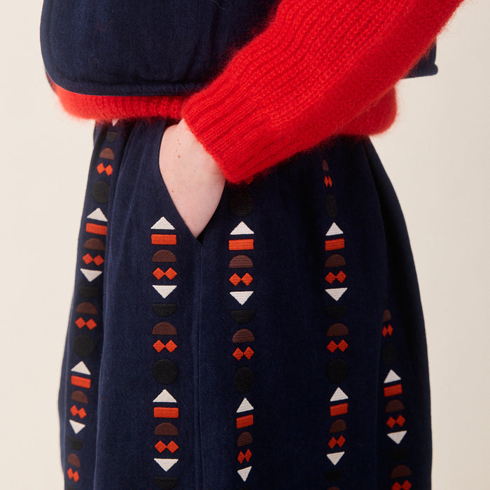 Women's Linen/Cotton Ash Skirt - Indigo Embroidered
