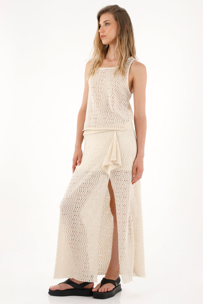 Women's long skirt in cream mesh fabric
