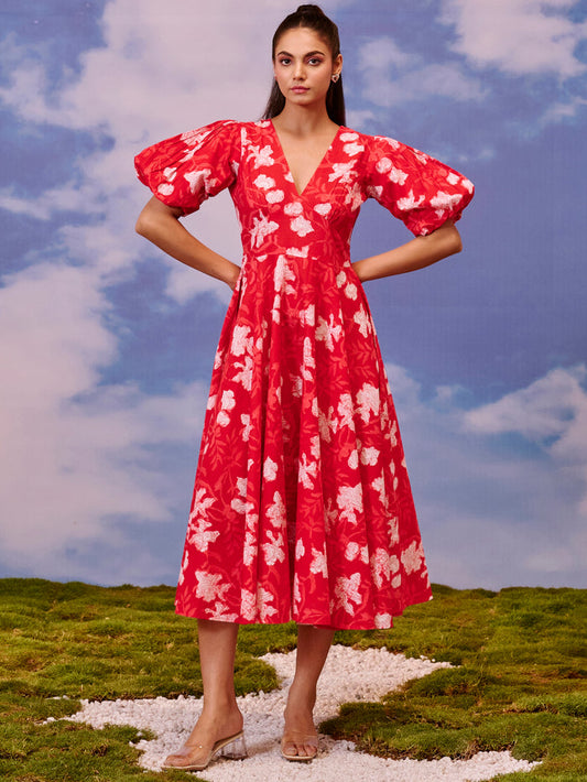 Women's Red long dress with balloon sleeves