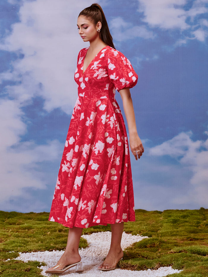 Women's Red long dress with balloon sleeves