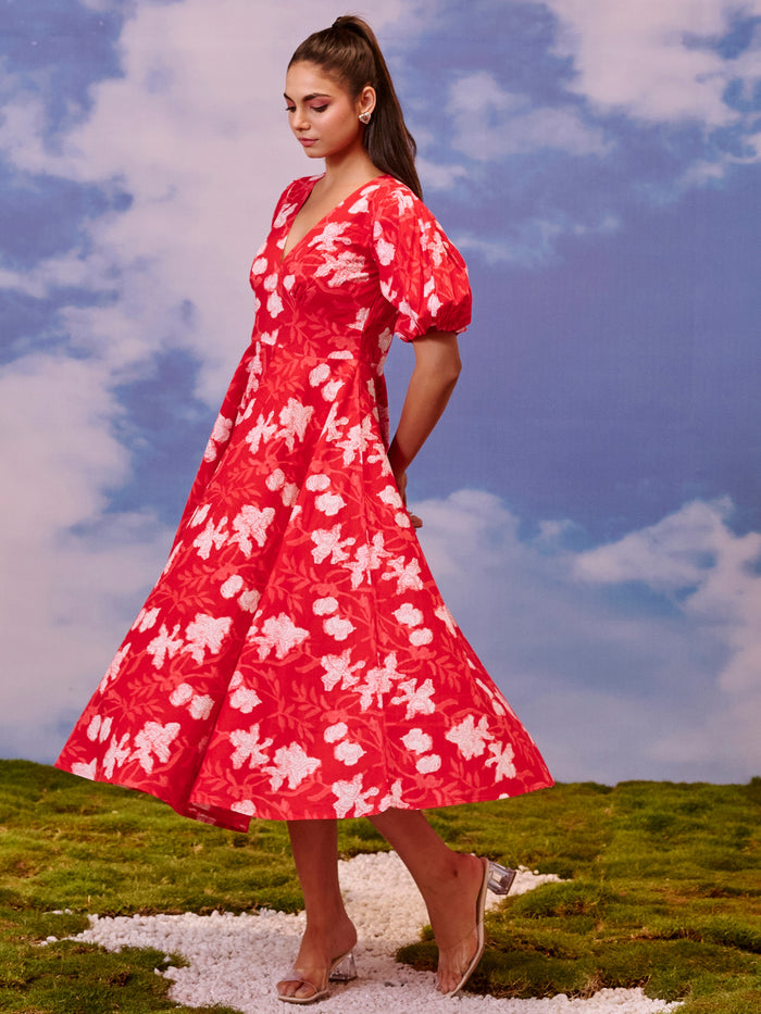 Women's Red long dress with balloon sleeves