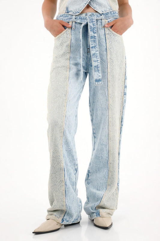Women's Wide Leg Jeans with Mesh Detail and Shine