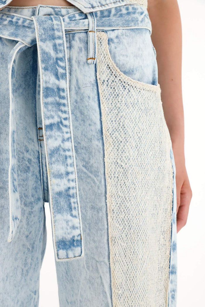Women's Wide Leg Jeans with Mesh Detail and Shine