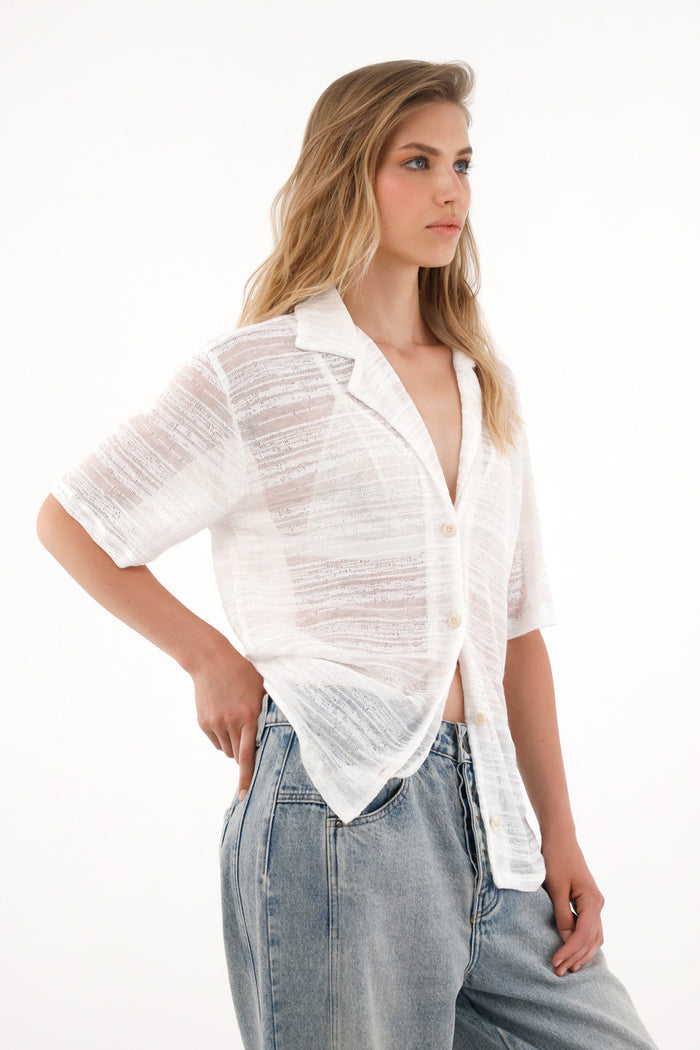 Women's woven fabric cream t-shirt