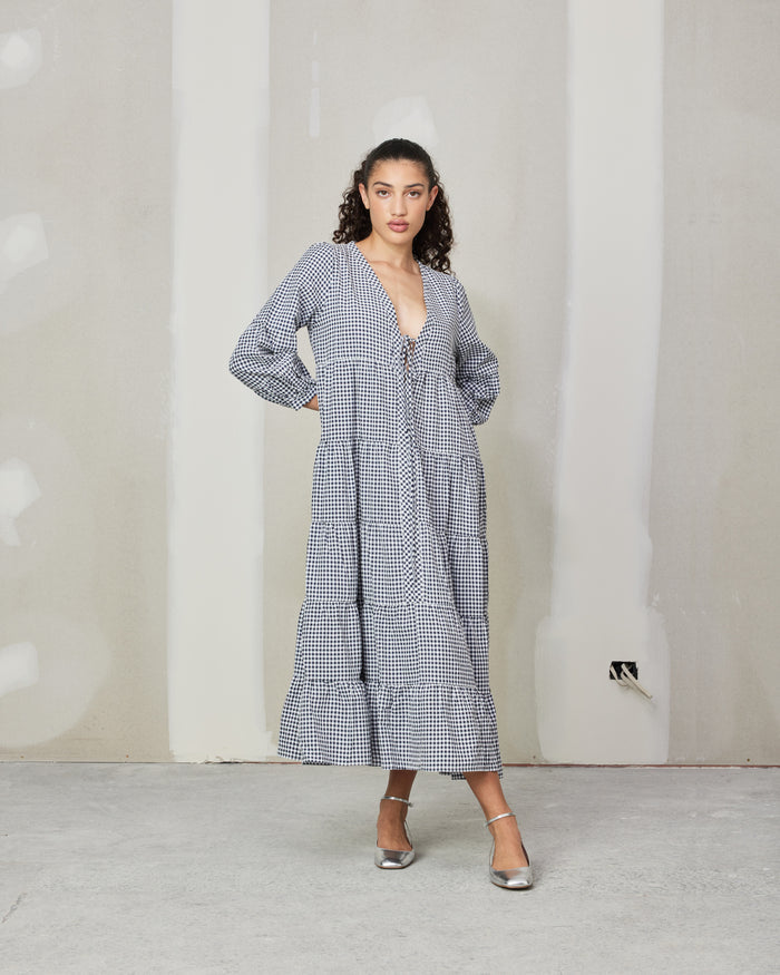 WREN TIERED MAXI DRESS NAVY GINGHAM