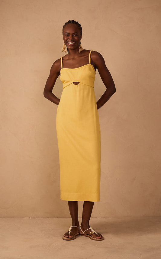 Yellow Sleeveless Cut-Out Linen Midi Dress_1