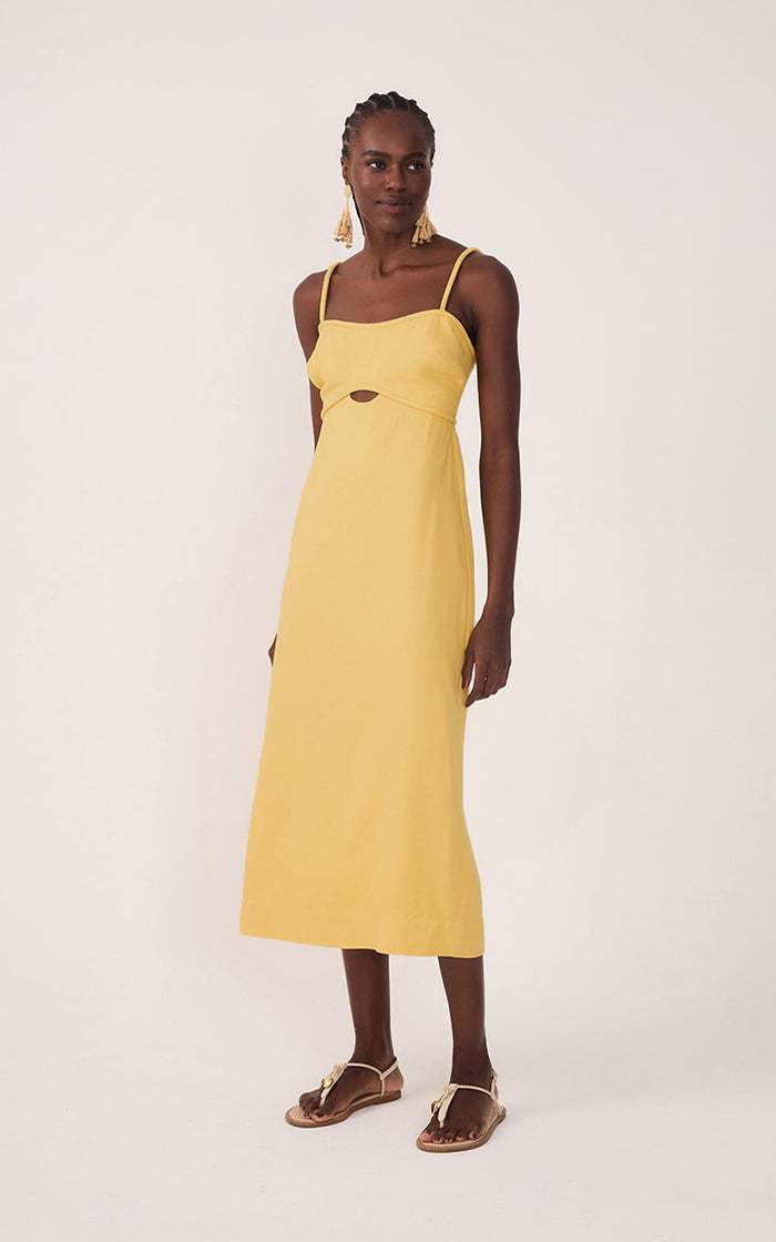 Yellow Sleeveless Cut-Out Linen Midi Dress_2