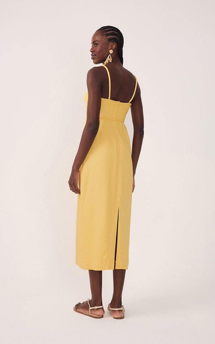 Yellow Sleeveless Cut-Out Linen Midi Dress_5