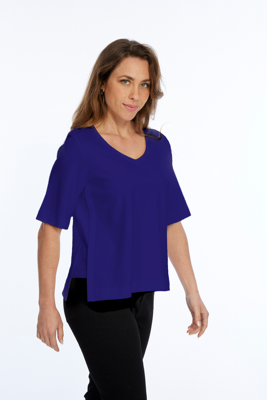 Zola LIOR Women's Short Sleeve V-Neck Top with Side Slits - Navy