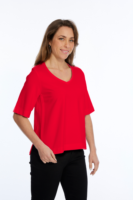 Zola LIOR Women's Short Sleeve V-Neck Top with Side Slits - Red